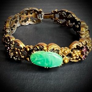 Ornate Vintage Bracelet Baroque Green Violet Purple Rhinestones Bangle Chunky